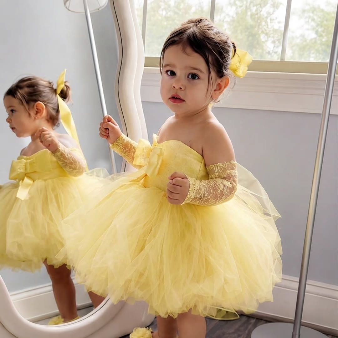 Embroidery Yellow Dress - プリンセスイエローフラワーガールドレス結婚式用オフショルダー膝丈子供の誕生日初聖体拝領ドレスイブニングドレスカスタム