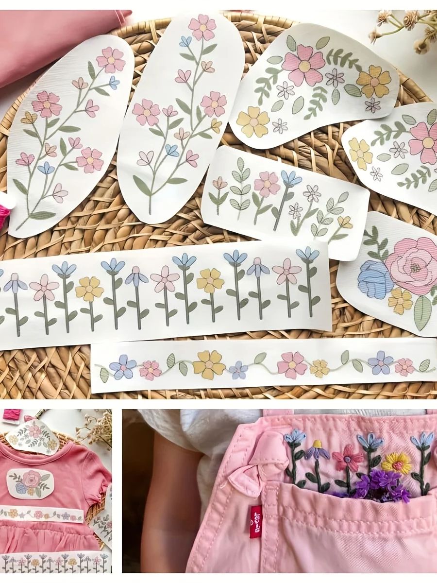 Embroidery Meaning - 1セット8個入り カラフルなグラフィック、手縫い用安定化シート、洗濯可能、自己粘着性水溶性刺繍パターン安定化シート