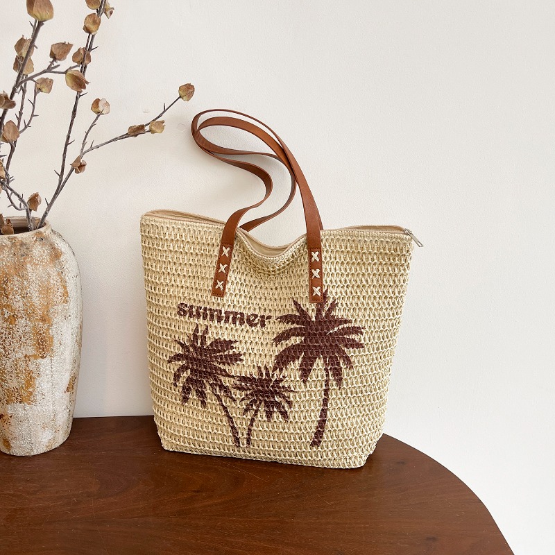 Embroidery Bali - シンプルトレンド刺繍ココナッツツリー柄ストローウーブンバッグ 夏用大容量女性用バリボヘミアショッパートートビーチバッグ 2026