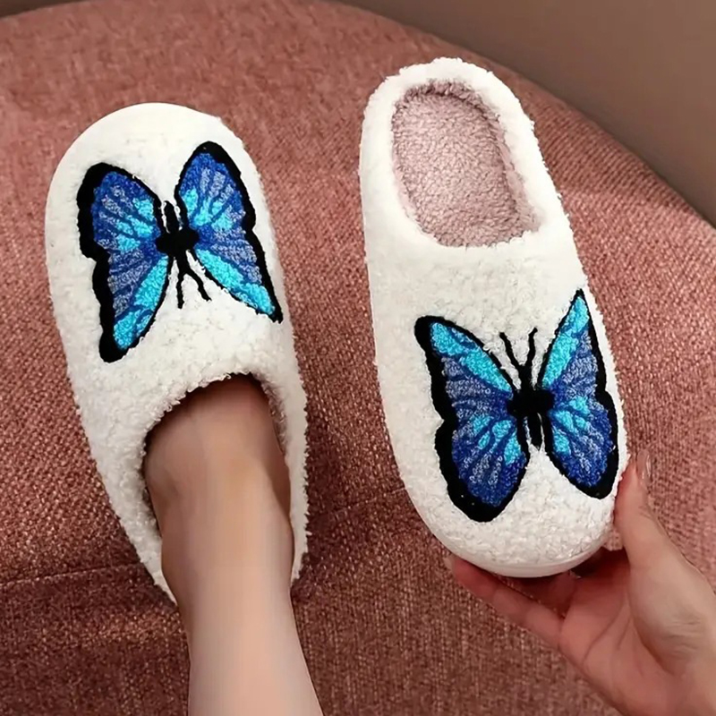 Embroidery Garments - SHAJI 男女兼用ふわふわコットンスリッパ、かわいいリボン刺繍入り、柔らかいTPR滑り止めソール、秋冬の家庭用快適スリッパ