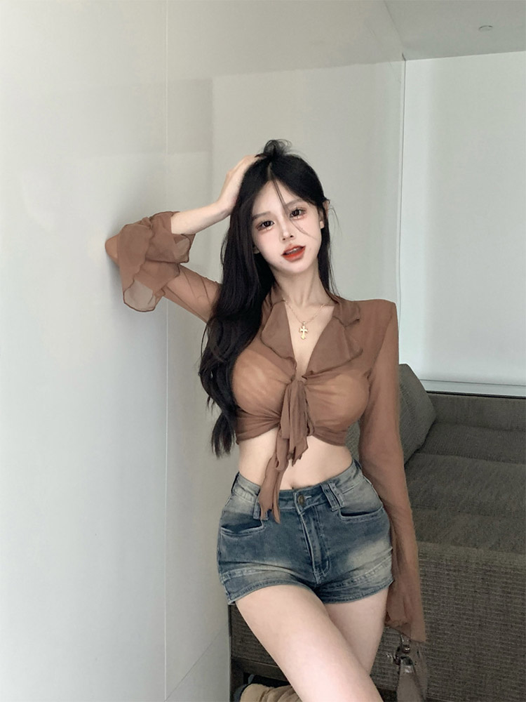 Embroidery Online - ロングフレアスリーブブラウス女性のためのレースアップメッシュセクシーな甘いホットガールズ韓国ファッションスタイルオールマッチソリッドデザインエレガントカジュアル