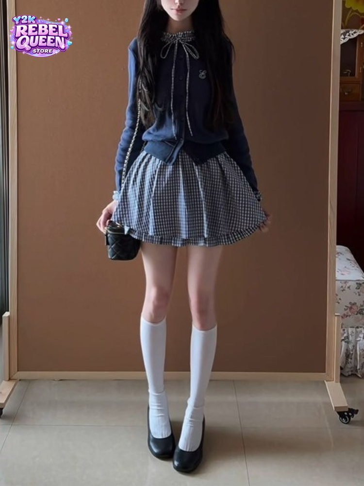 Embroidery Cotton Shirt - 日本のプレッピースウィート2ピースセット、女性用ボウカラーニットカーディガン、ハイウエストギンガムプリーツミニスカート、スリムフィットデイリーアウトフィット