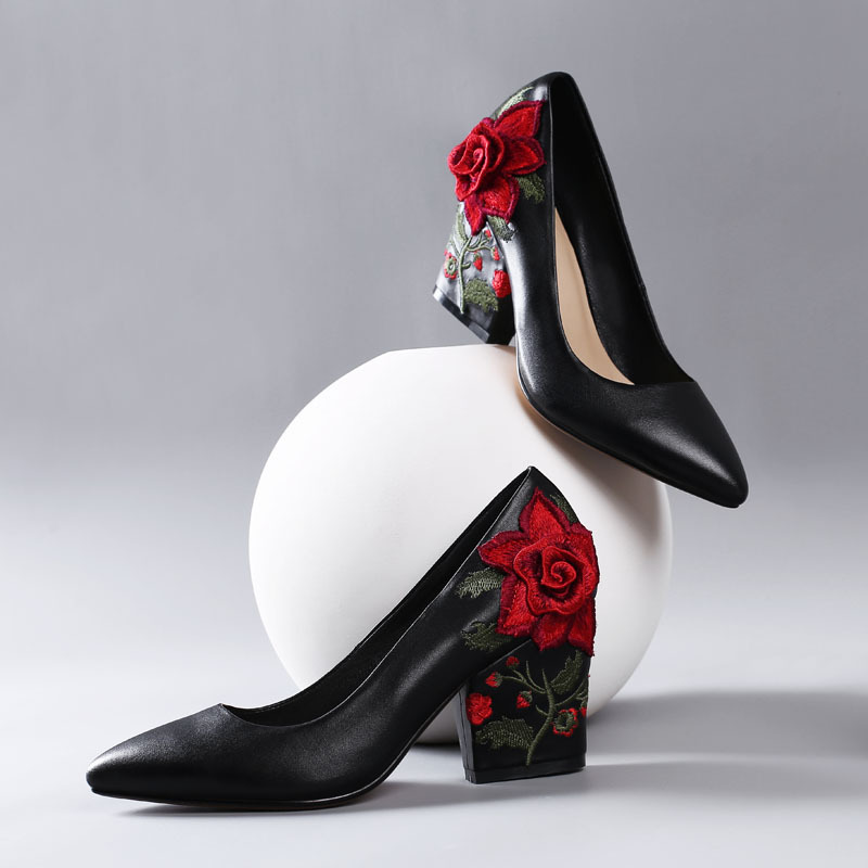 Embroidery Rose - ファッションヤーン刺繍レッドローズフラワーヒールパンプス ブラック牛革7.5cmポインテッドトゥスリッポン女性用バンケットシューズ