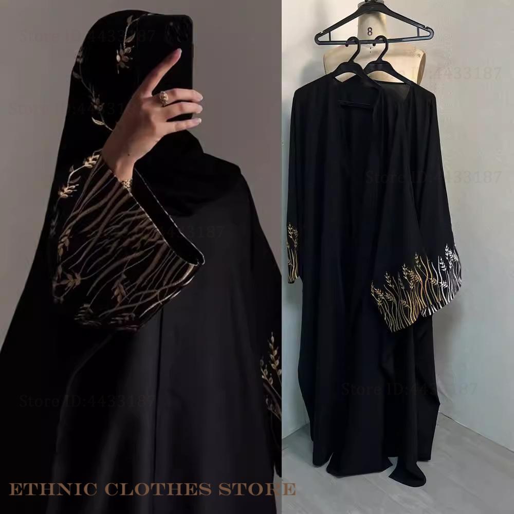 Embroidery Kebaya - ムスリム女性用ドレス エレガントな黒の刺繍アバヤ ロングローブ ドバイ 高級 イード