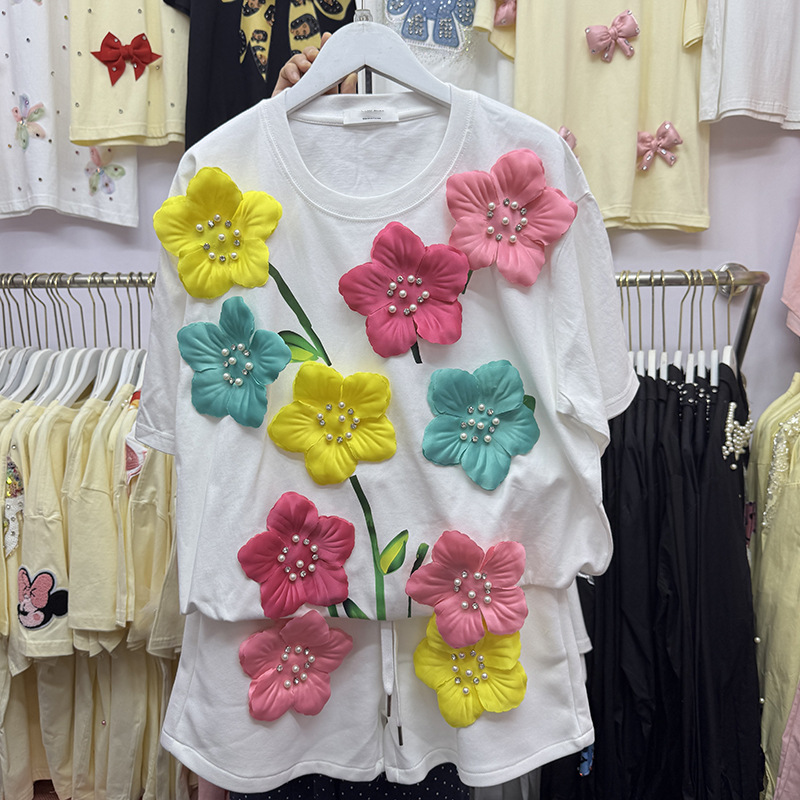 Embroidery Cotton Shirt - 夏カラフルな 3D 花 Tシャツ真珠ビーズ花刺繍 Tシャツ O