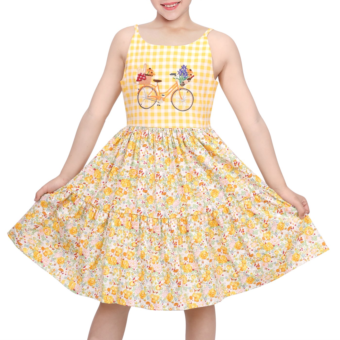 Embroidery Yellow Dress - 女の子用ドレス イエロー ギンガムチェック 自転車刺繍 ノースリーブ カジュアル