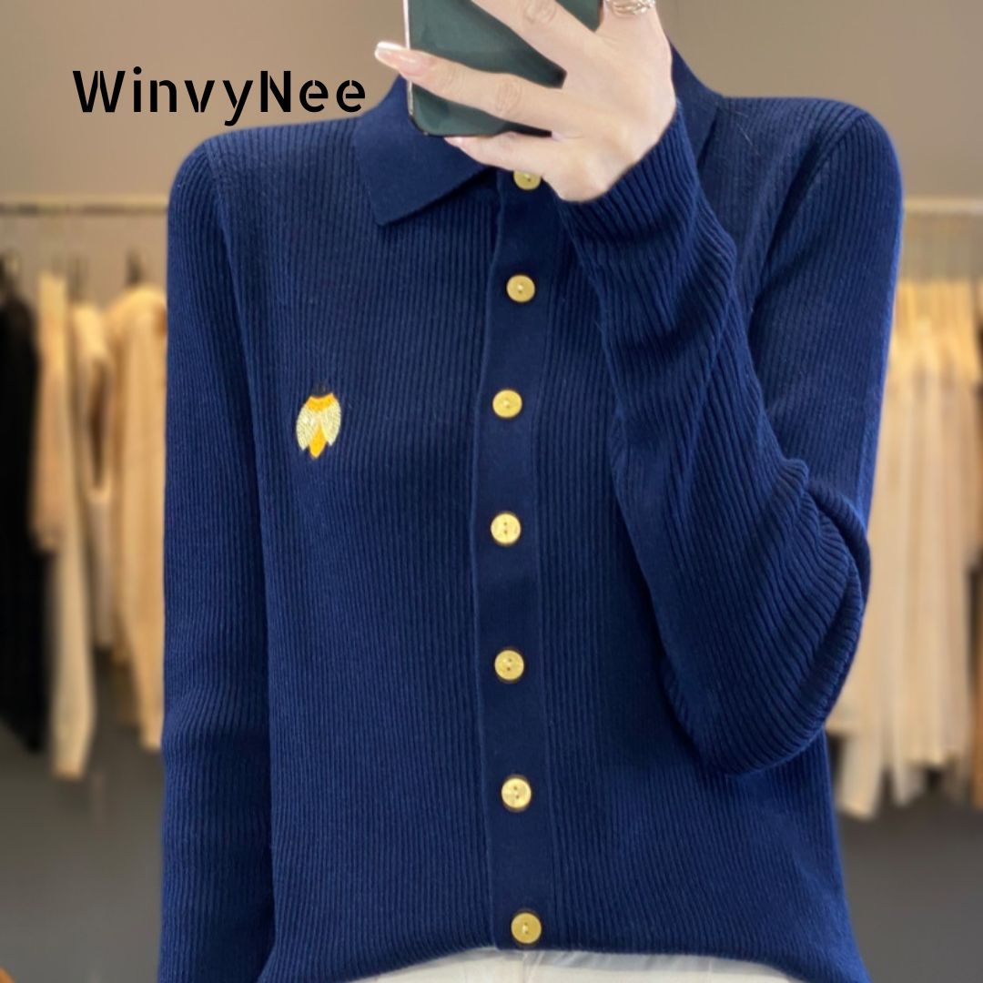 Embroidery Lady Bug - WinvyNee 婦人服 春ポロネックカーディガン てんとう虫スパンコール刺繍 ファッション スタイリッシュ