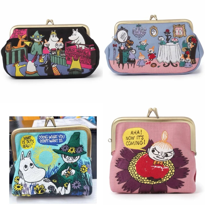 Embroidery Bag - かわいいアニメ「ムーミン」シリーズのミニコインケース。クリエイティブでキュートな漫画風のデザイン、刺繍入り。持ち運びにも便利な、上品なメイクアップバッグ。女性へのプレゼントに最適。