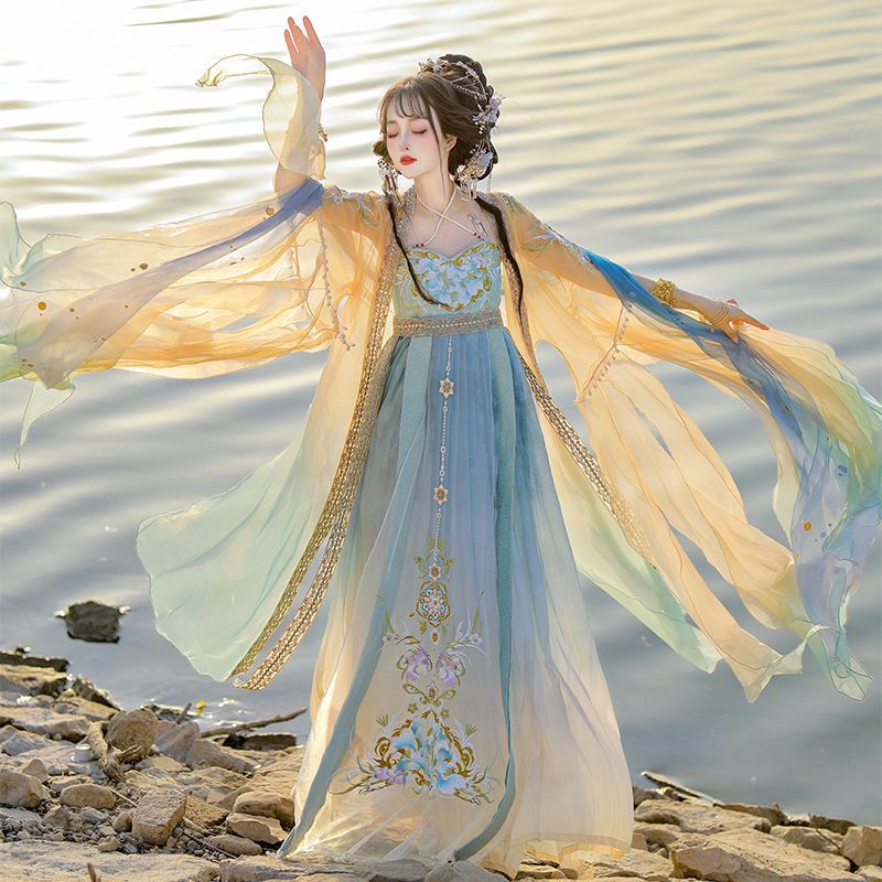 Embroidery Yellow Dress - 中国漢服ドレス 女性用伝統刺繍漢服 カーニバル妖精コスプレ衣装 グラデーションイエロー漢服コスチューム