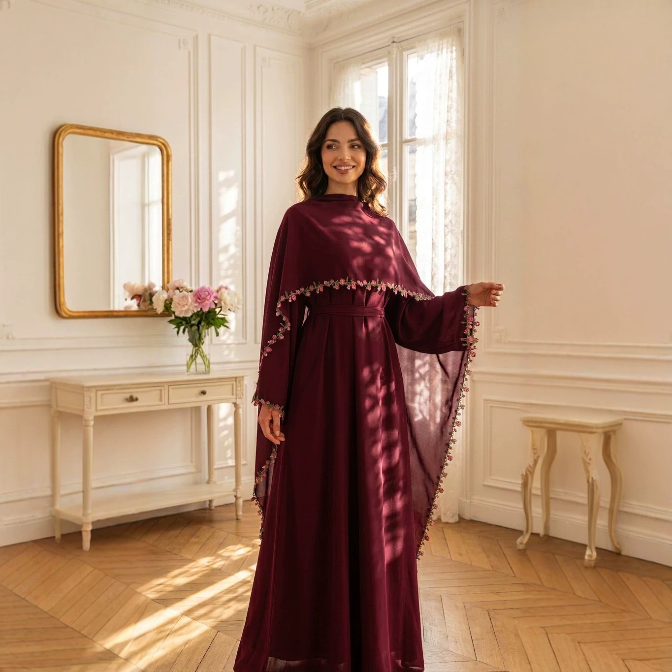 エレガントな刺繍アバヤヒジャブドレス、ムスリム女性用セット、 - Embroidery Kebaya のレビューと価格