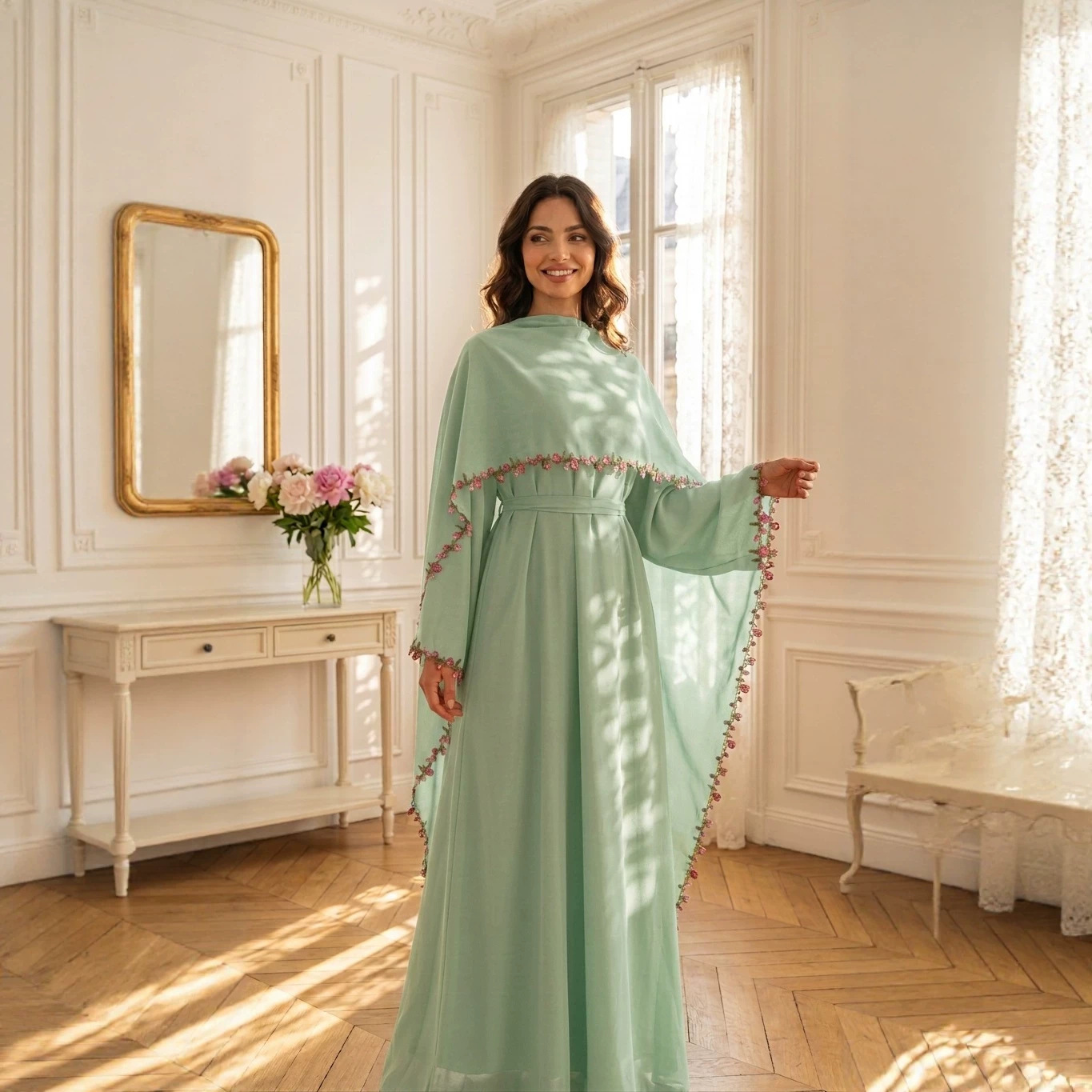 エレガントな刺繍アバヤヒジャブドレス、ムスリム女性用セット、 - Embroidery Kebaya のレビューと価格