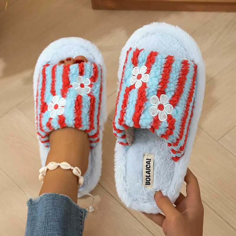 花柄刺繍ストライププラッシュスリッパ レディース ファッショ - Embroidery Garments のレビューと価格