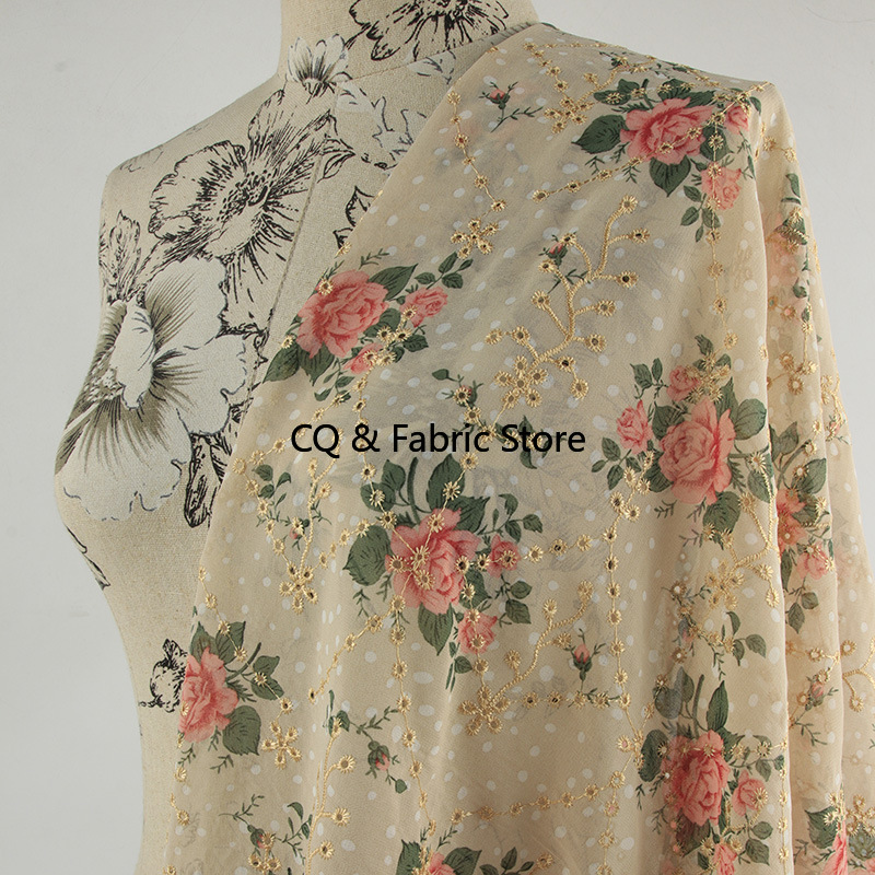 新作バラ柄刺繍プリントシフォン生地婦人服子供服ワンピース生地 - Embroidery Rose のレビューと価格