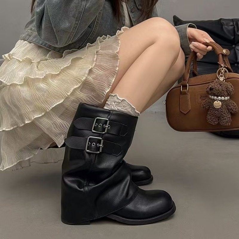 レディース ブラック スラウチー ミッドカーフブーツ ダブル - Embroidery Garments のレビューと価格