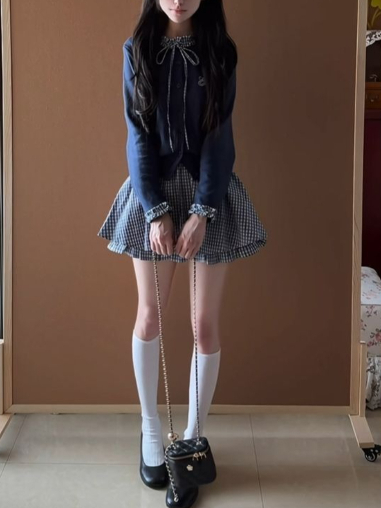 日本のプレッピースウィート2ピースセット、女性用ボウカラーニ - Embroidery Cotton Shirt のレビューと価格