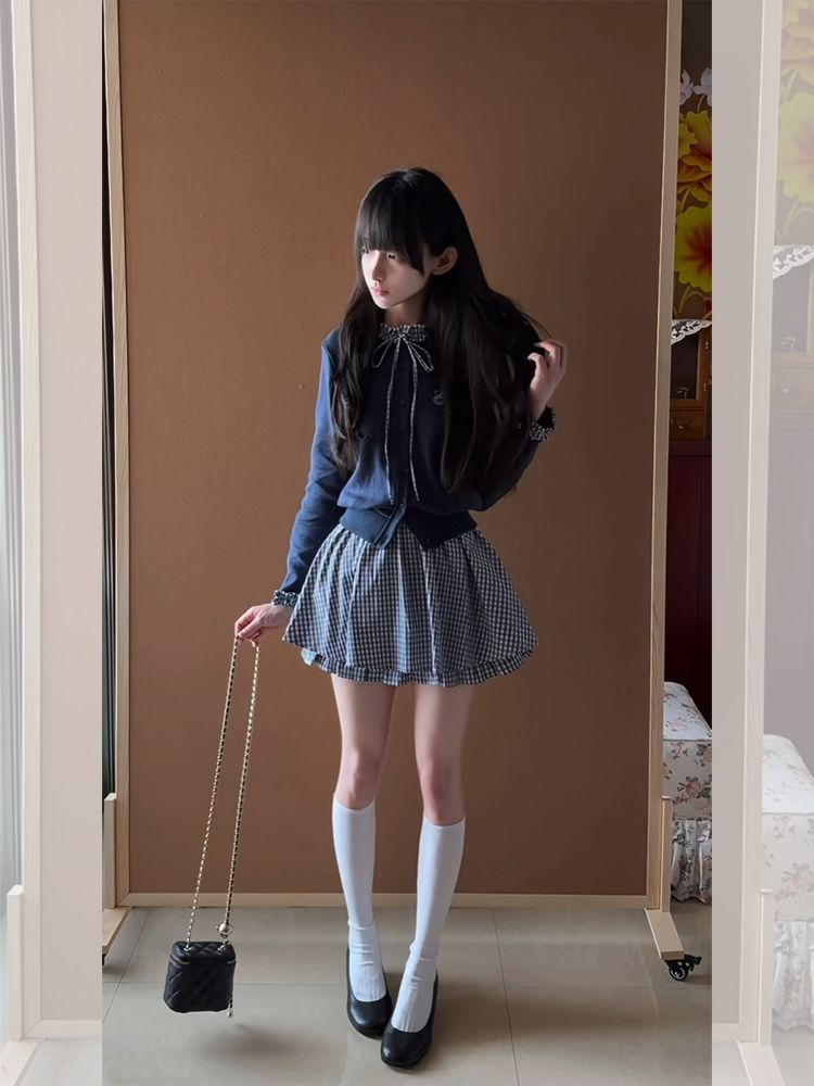 日本のプレッピースウィート2ピースセット、女性用ボウカラーニ - Embroidery Cotton Shirt のレビューと価格