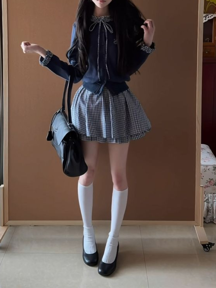 日本のプレッピースウィート2ピースセット、女性用ボウカラーニ - Embroidery Cotton Shirt のレビューと価格