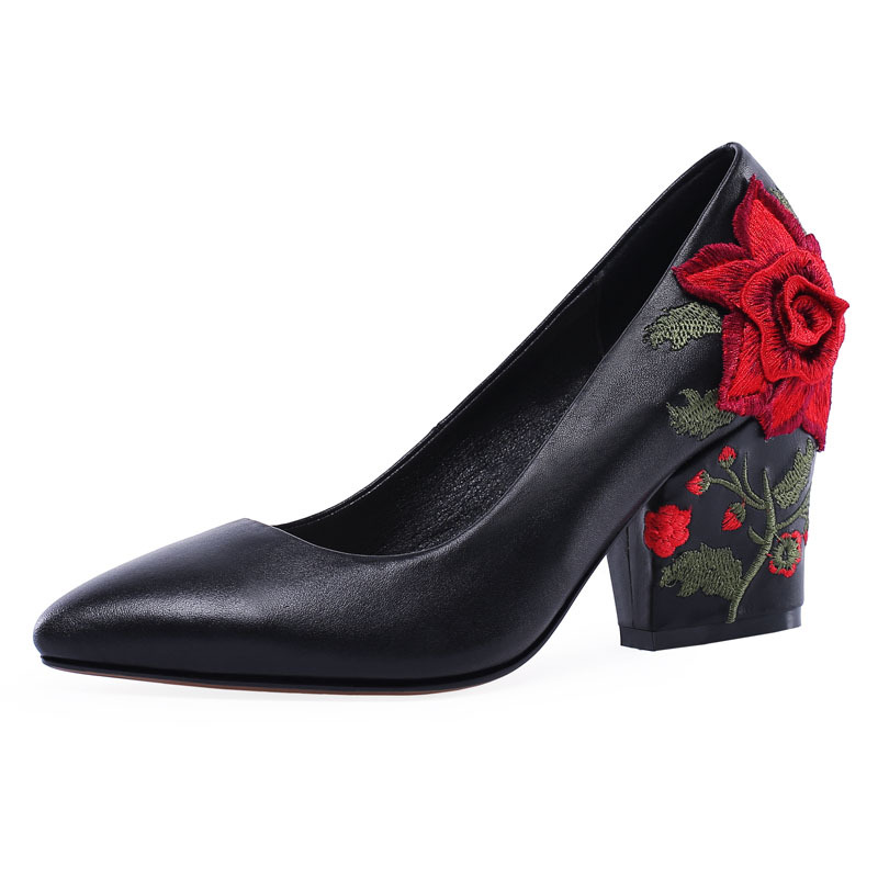 ファッションヤーン刺繍レッドローズフラワーヒールパンプス ブ - Embroidery Rose のレビューと価格