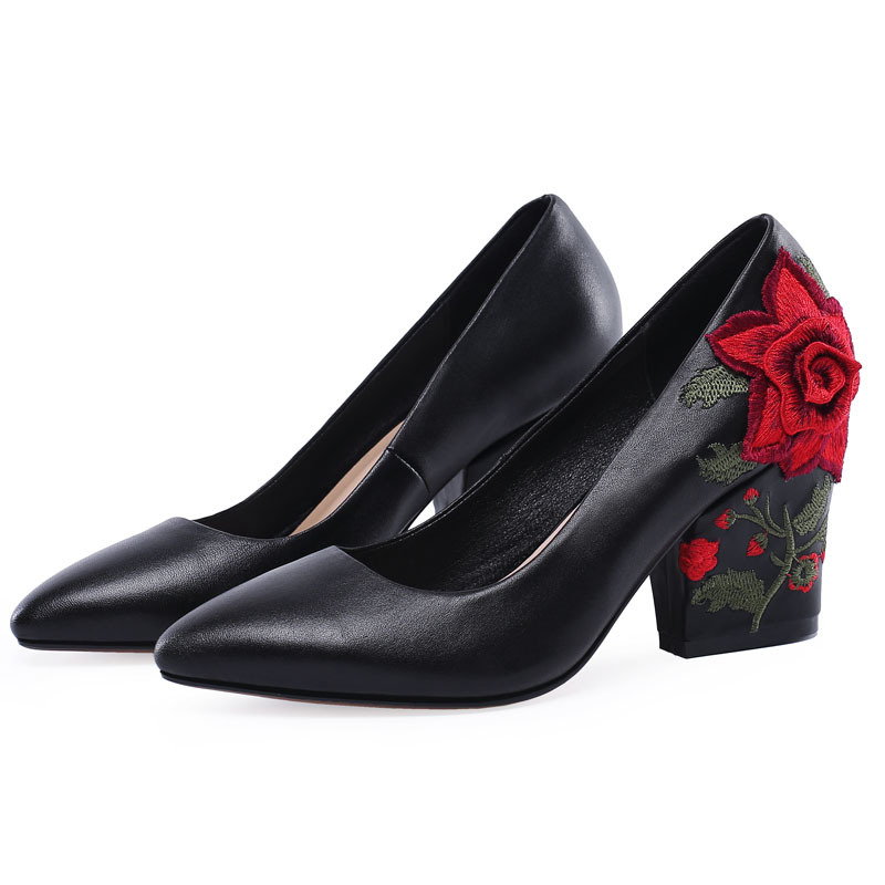 ファッションヤーン刺繍レッドローズフラワーヒールパンプス ブ - Embroidery Rose のレビューと価格