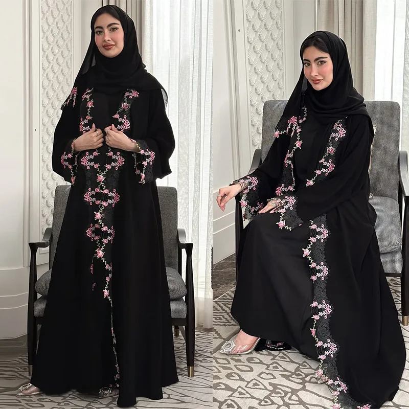 黒刺繍入り着物ジャラビーヤアバヤドバイカフタン女性用ムスリム - Embroidery Kebaya のレビューと価格
