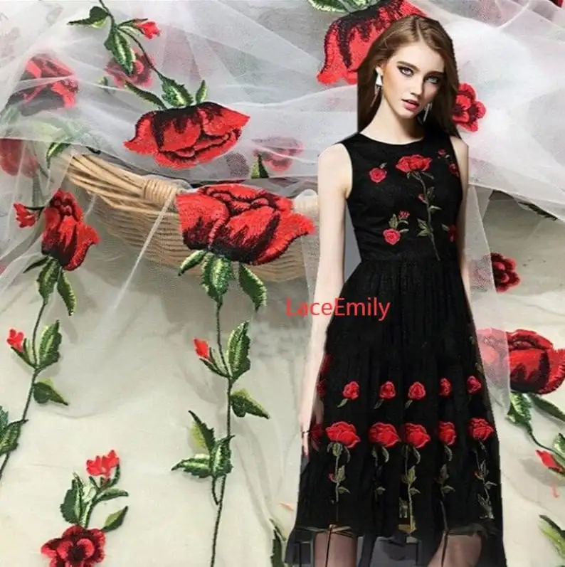 赤いバラのレース生地、花の刺繍、柔らかい黒と白のチュール生地 - Embroidery Rose のレビューと価格