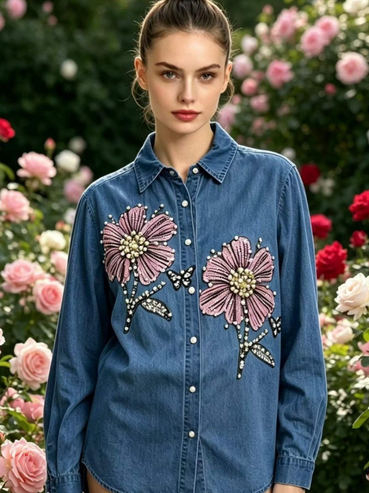 女性デニム刺繍ブラウス春秋長袖女性ブラウスシャツオフィスエレ - Embroidery Cotton Shirt のレビューと価格