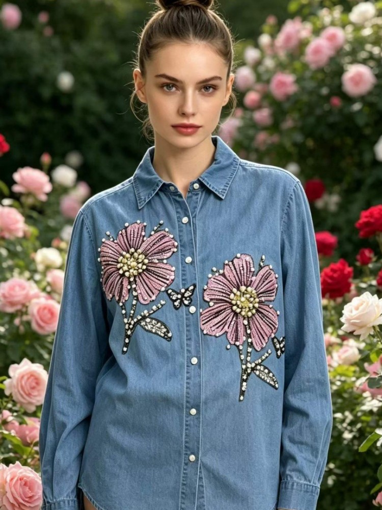 女性デニム刺繍ブラウス春秋長袖女性ブラウスシャツオフィスエレ - Embroidery Cotton Shirt のレビューと価格