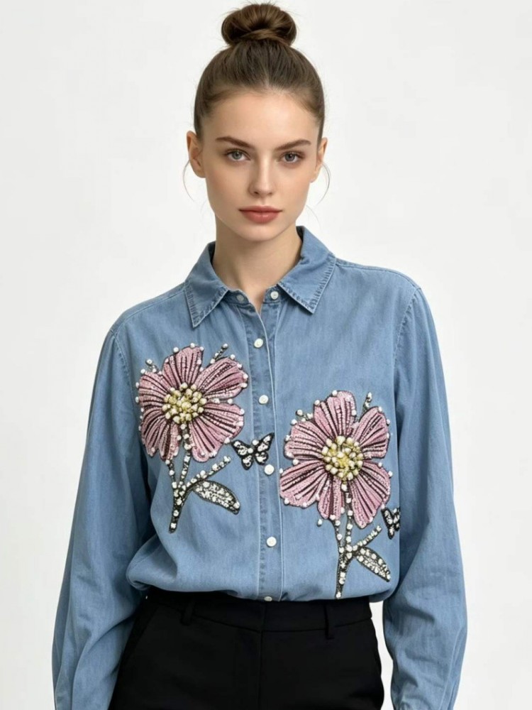 女性デニム刺繍ブラウス春秋長袖女性ブラウスシャツオフィスエレ - Embroidery Cotton Shirt のレビューと価格