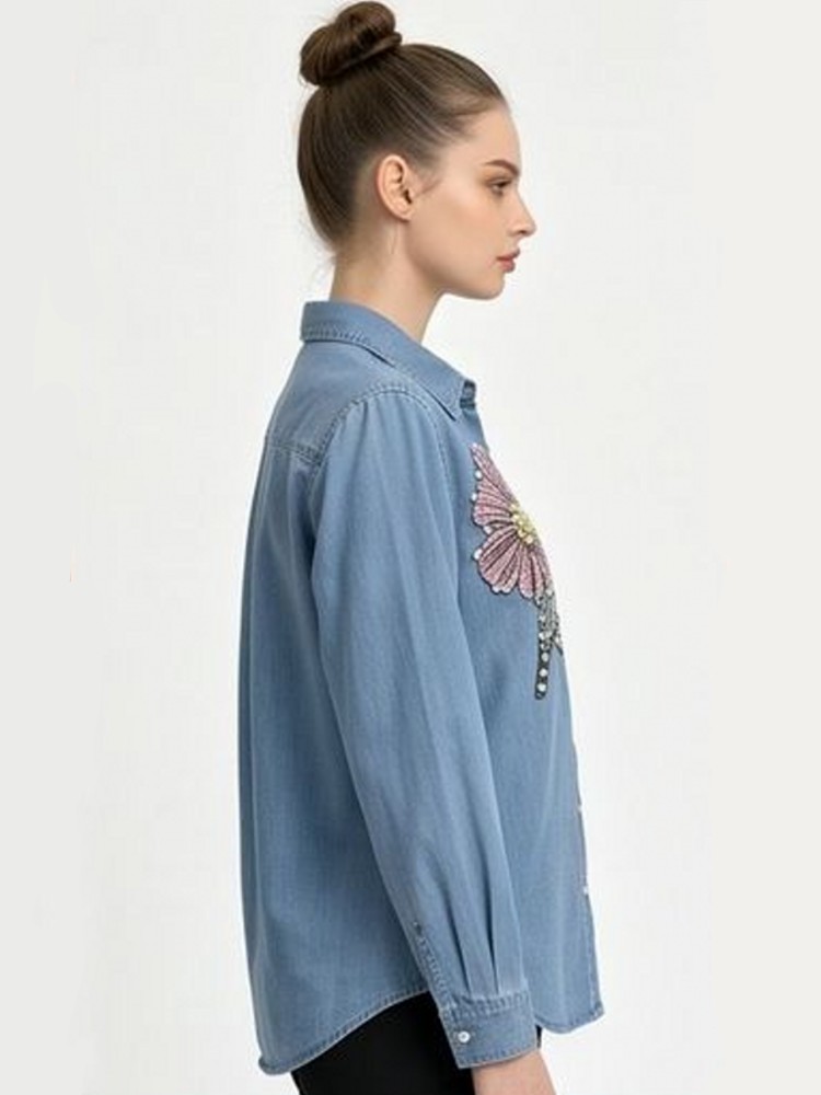 女性デニム刺繍ブラウス春秋長袖女性ブラウスシャツオフィスエレ - Embroidery Cotton Shirt のレビューと価格