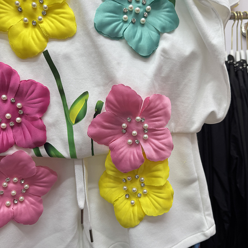 夏カラフルな 3D 花 Tシャツ真珠ビーズ花刺繍 Tシャツ  - Embroidery Cotton Shirt のレビューと価格