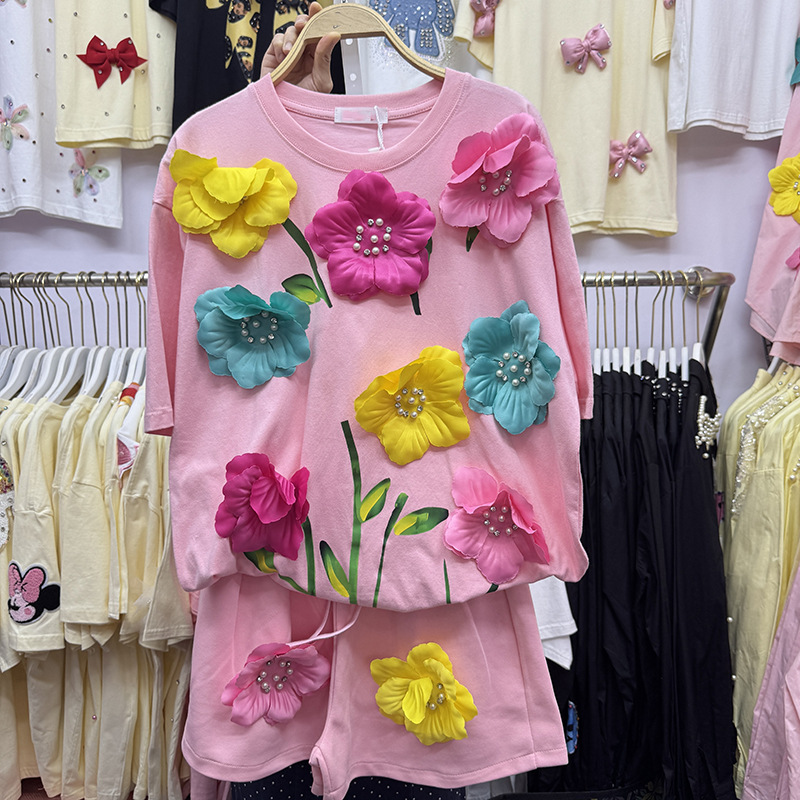 夏カラフルな 3D 花 Tシャツ真珠ビーズ花刺繍 Tシャツ  - Embroidery Cotton Shirt のレビューと価格