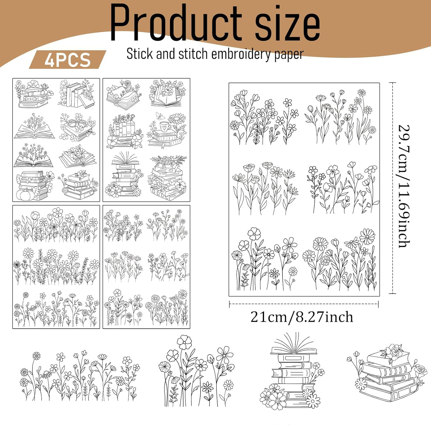 印刷済み刺繍パターン紙、粘着式水溶性安定剤キット（ブックと花 - Embroidery Meaning のレビューと価格