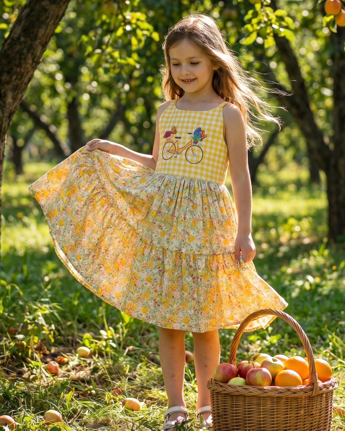 女の子用ドレス イエロー ギンガムチェック 自転車刺繍 ノー - Embroidery Yellow Dress のレビューと価格