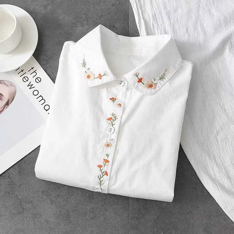 新しい純粋な綿の白いシャツ女性ターンダウン襟刺繍長袖ボタンカ - Embroidery Online のレビューと価格