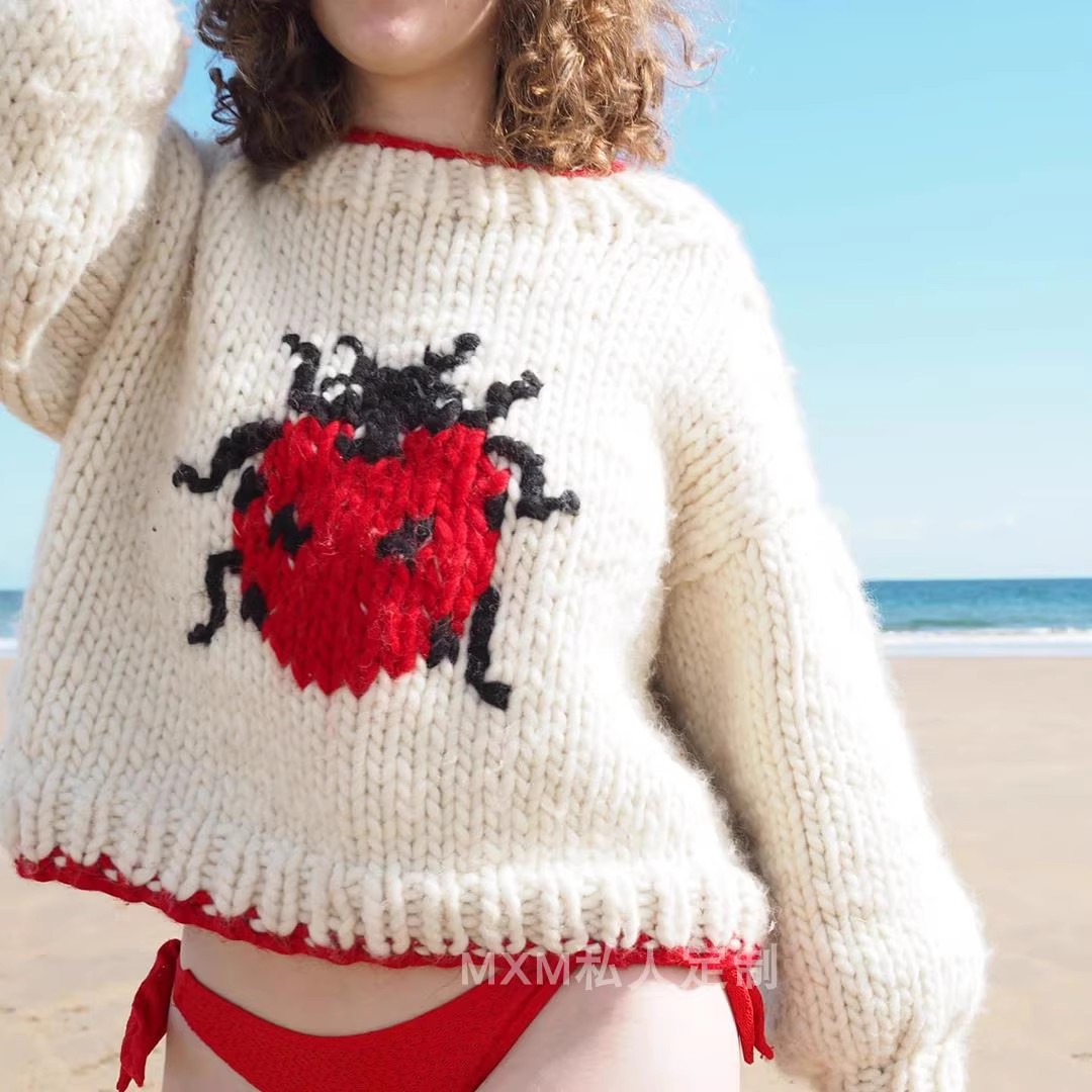 セブンスターてんとう虫柄ピュアウール手編み粗毛セーター女性の - Embroidery Lady Bug のレビューと価格