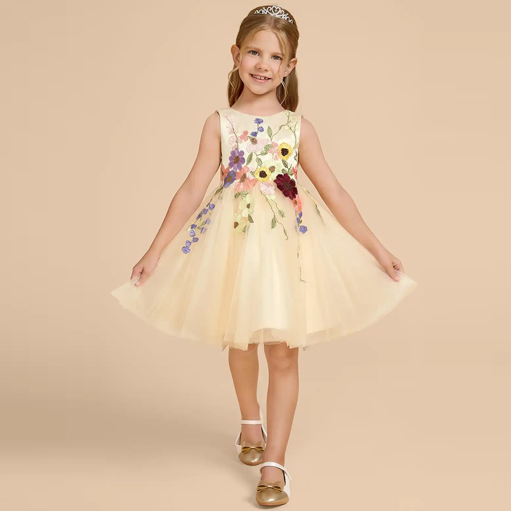 カスタマイズされた黄色のチュールフラワーガールドレス、リボン - Embroidery Yellow Dress のレビューと価格