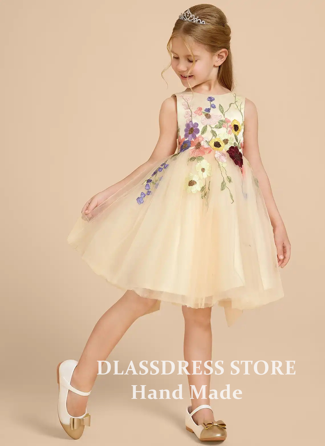 カスタマイズされた黄色のチュールフラワーガールドレス、リボン - Embroidery Yellow Dress のレビューと価格